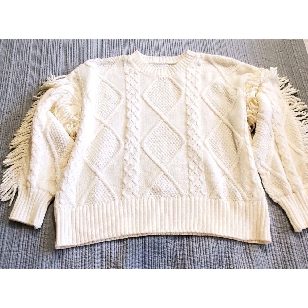 Womens 2X Cable Knit Sweater Cream Off White Fringe Arms Plus Size Pullover
